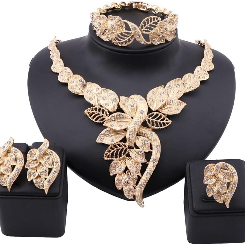 Gold Jewelry Set Necklace Earrings Ring Bracelet Women Bridal Nigerian Dubai
